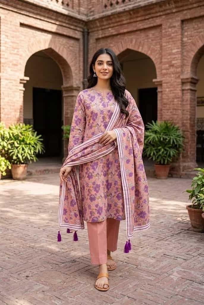 Elegant woman in magenta floral and geometric co-ord set outdoors.