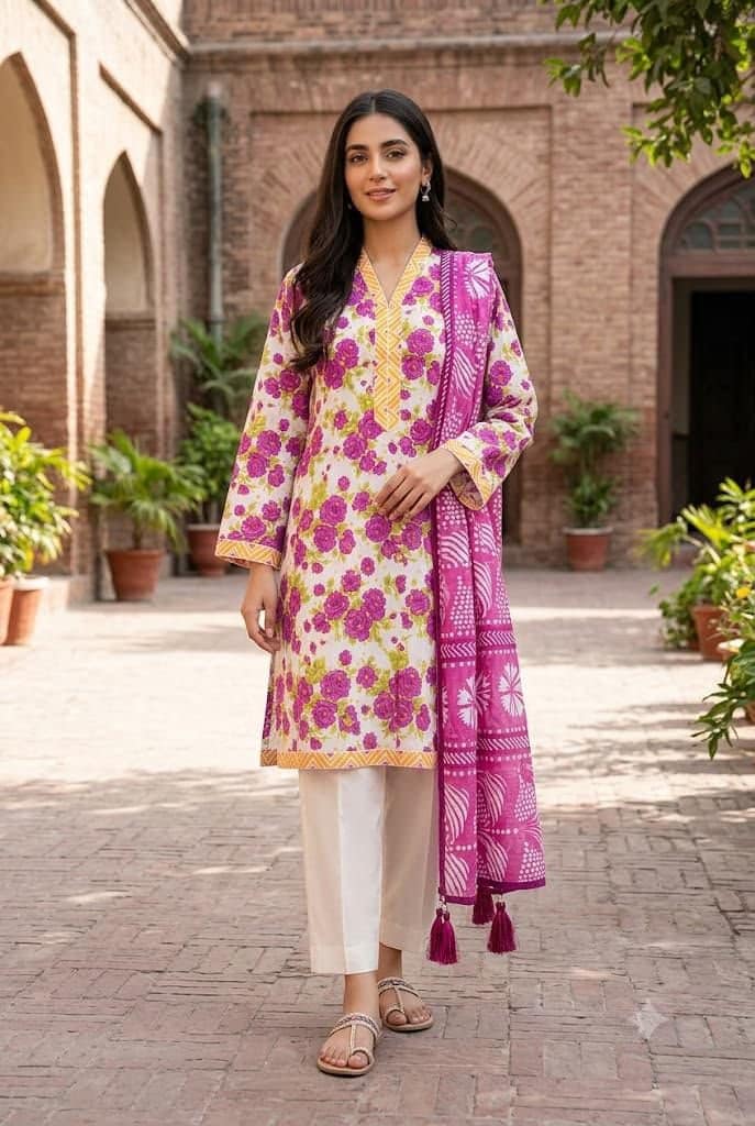 Elegant woman in magenta floral and geometric co-ord set outdoors.